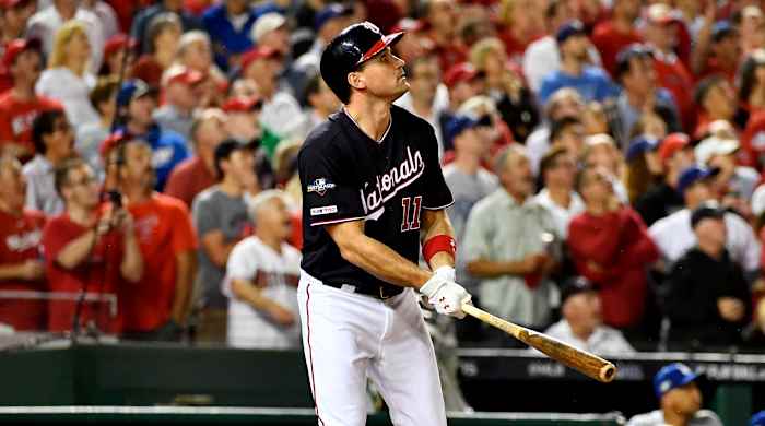 Oct 7, 2019; Washington, DC, USA; Washington Nationals first baseman Ryan Zimmerman (11) looks up after a three-run home run during the fifth inning against the Los Angeles Dodgers in game four of the 2019 NLDS playoff baseball series at Nationals Park. Mandatory Credit: Brad Mills-USA TODAY Sports